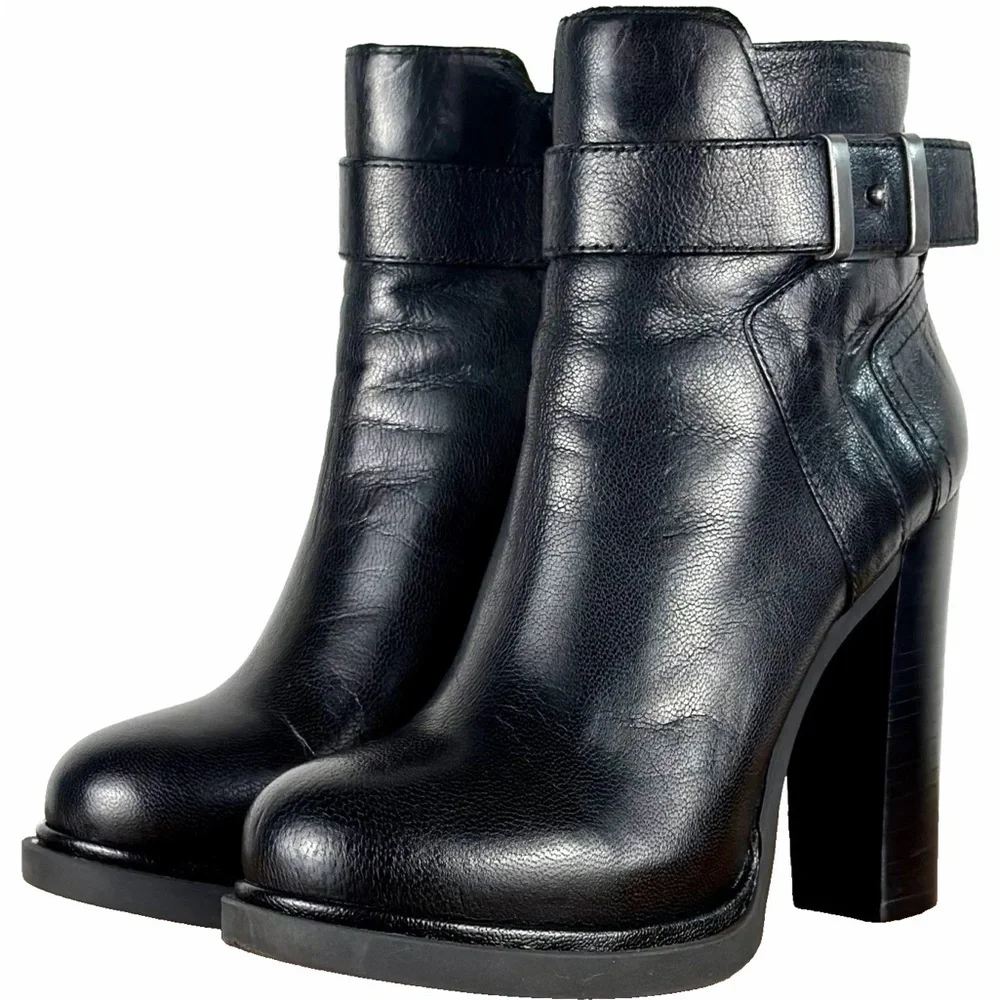 Nine West Sherbert Boots Women 5 Black Leather Moto Buckle Ankle Heeled Bootie